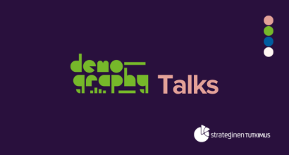 Demography Talks -logo, Demography-pallokuviot ja strategisen tutkimuksen logo violetilla pohjalla.