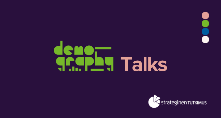 Demography Talks -logo, Demography-pallokuviot ja strategisen tutkimuksen logo violetilla pohjalla.